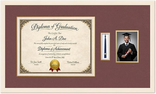 Diploma Tassel and Photo Frame Coastal Whitewash Shadowbox Dark Red Over Gold Mat - Fits 17 x 13 Degree Picture Made in the USA