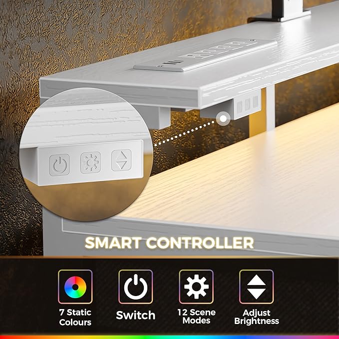 Huuger Gaming Desk with 6 Drawers, Computer Desk with LED Lights Power Outlets and Type-C, 47 Inch Office Table with Storage, Monitor Stand, Writing & Work Home Office, Bedroom, Study, White