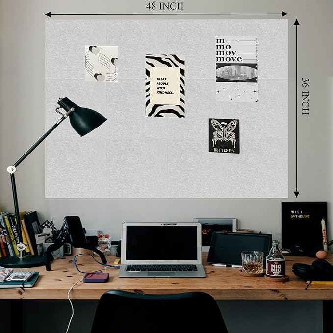 Large Cork Board for Wall 48" x 36", 12 Pack Felt Wall Tiles with Safe Removable Adhesive Tabs, White Bulletin Board, CorkBoards for Office, School, Bedroom