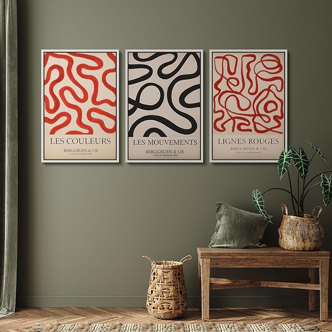 SIGNFORD Framed Wall Art Print Set French Modern Abstract Line Red and Black Curved Shapes Digital Art Modern Art Contemporary for Living Room, Bedroom, Office - 16"x24"x3 WHITE