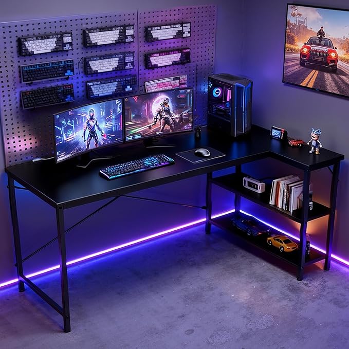 DUMOS L Shaped Desk 55 Inch Computer Desk Gaming Furniture Corner Desks Home Office PC Table with Reversible Storage Shelves for Writing Working Study Bedroom Dorm, Modern Black