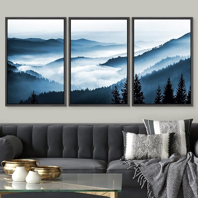 SIGNWIN Framed Canvas Print Wall Art Set Misty Blue Duotone Mountain Range Forest Nature Wilderness Photography Modern Decorative Colorful Rustic for Living Room, Bedroom, Office - 24"x36"x3 Black