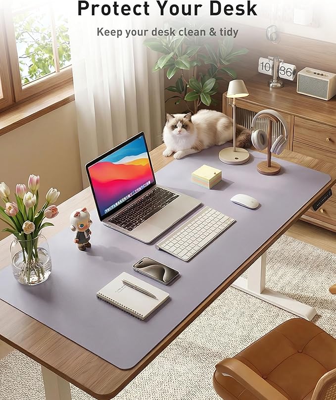 Aothia Faux Leather Desk Mat - Large Mouse Pad, Non-Slip PU Leather Blotter, Waterproof Writing Surface for Office and Home (Lavender, 42" x 17")