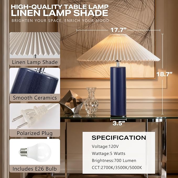 Ceramic Table Lamps for Bedroom Set of 2, Adjustable Shade Lamps for Night Stands, Modern Cylindrical Nightstand Table Lamps 5W E26 for Bedroom Bedside Buffet, Blue