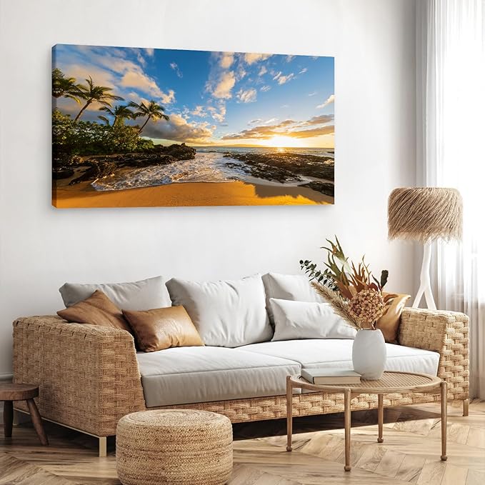 DZL Art S75498 Large Beach wall art Secret Beach at sunset, Maui, Hawaii Canvas Wall Art For Living Room Decoration Nature Picture Canvas Prints Painting for for Office Wall Decor Home Decorations
