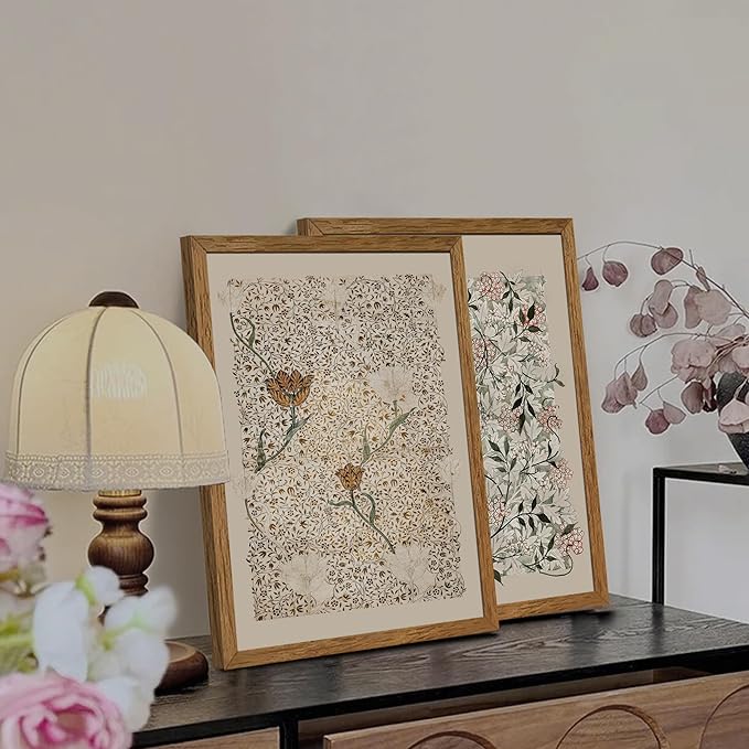 Krtoni 3PCS Framed Vintage William Morris Wall Art, Neutral Abstract Floral Canvas Artwork Prints, Rustic Boho Farmhouse Flower Botanical Picture Paintings for Living Room Bedroom Office 12W x16H