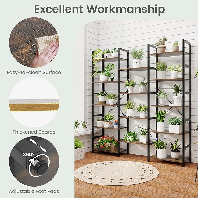 Giantex 5-Tier Industrial Bookshelf, Triple Wide Heavy-Duty Metal Frame Bookcases w/ 14 Open Shelves, Large Floor Standing Display Shelf Rack w/Anti-tip Kits, Storage Shelf for Living Room Study
