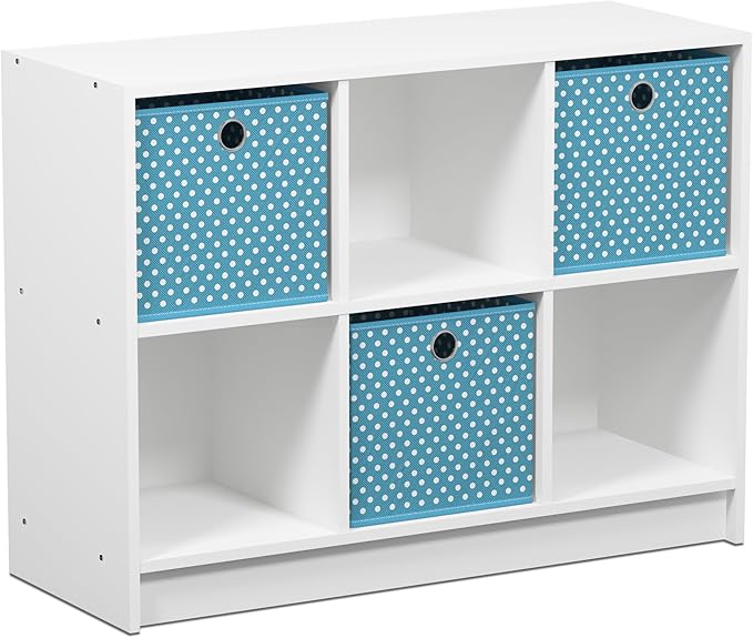 Furinno BASIC Book Shelf, 6-Cube Bookshelf with Open Shelf, 3 x 2 Bookcase with Storage Bins, Closed Back, Horizontal, 11.9 x 31.6 x 23.6, for Living Room, Bedroom, Home Office, White/Light Blue