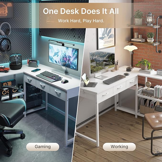 Gizoon 53 Inch White L Shaped Gaming Desk with CPU Stand & Power Outlet - Reversible Corner Desk with Drawers, Storage Shelves and 2 Hooks for Gaming Setup, Home Office, Living Room
