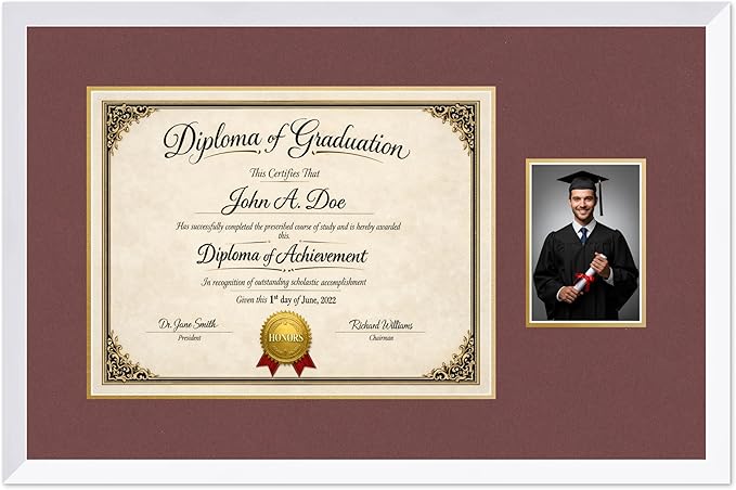 Diploma Frame With Photo Opening Bright White Dark Red Over Gold Mat - Fits 17 x 13 Degree and Picture Made in the USA