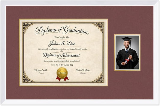 Diploma Frame With Photo Opening Bright White Dark Red Over Gold Mat - Fits 17 x 13 Degree and Picture Made in the USA