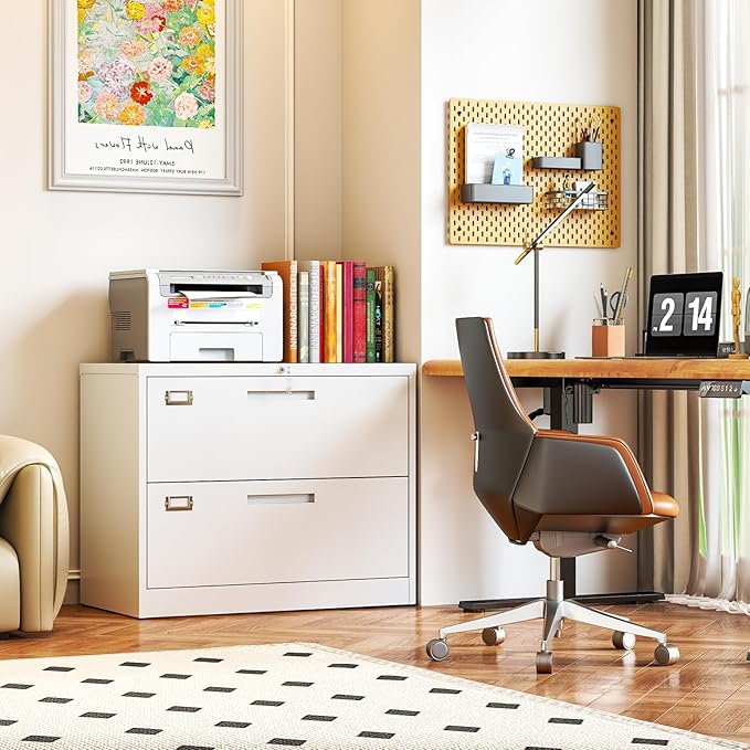 2 Drawer Locking Lateral File Cabinet, Wide&Deep White Metal Filing Cabinet for Letter/Legal/A4/F4 Files, Includes Card Holder and Hanging Folders for Home Office, School, Business
