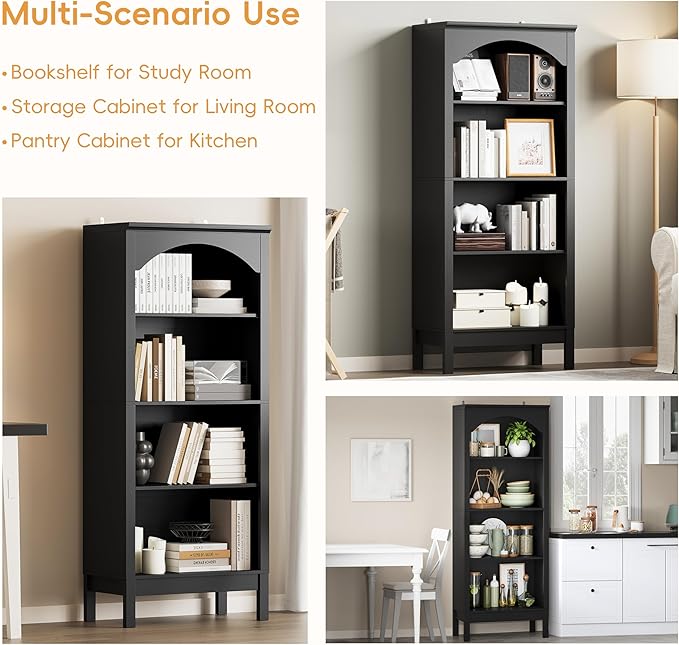 Arched Bookshelf with 4 Tier Open Shelves, 56" Tall Wood Bookcase with Adjustable Shelves, 24" Wide Floor Standing Display Storage Shelf for Home Office, Kitchen, Study and Living Room, Modern Black