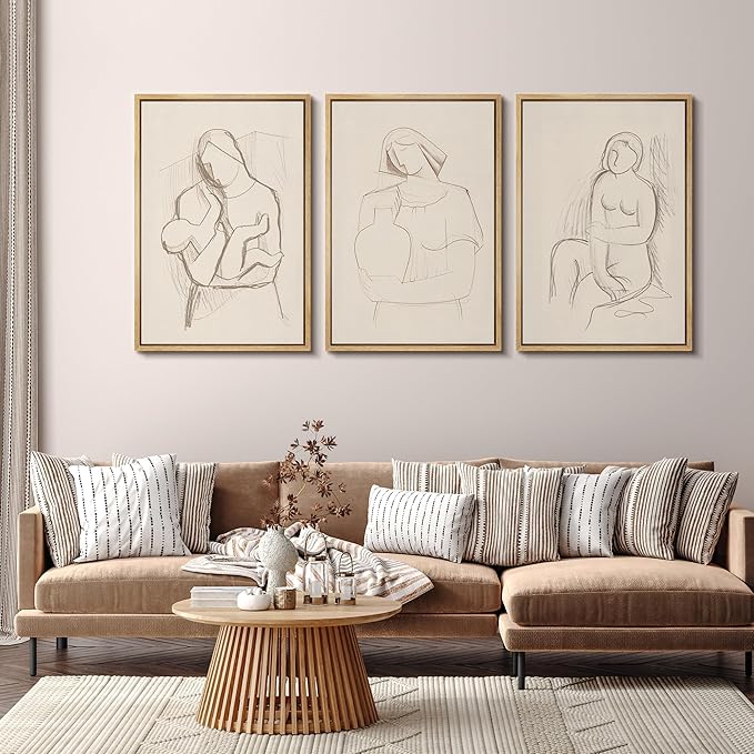 SIGNFORD Framed Wall Art Print Set Minimalist Figurative Line Drawing Modern Abstract Digital Art Modern Art Contemporary for Living Room, Bedroom, Office - 24"x36"x3 NATURAL