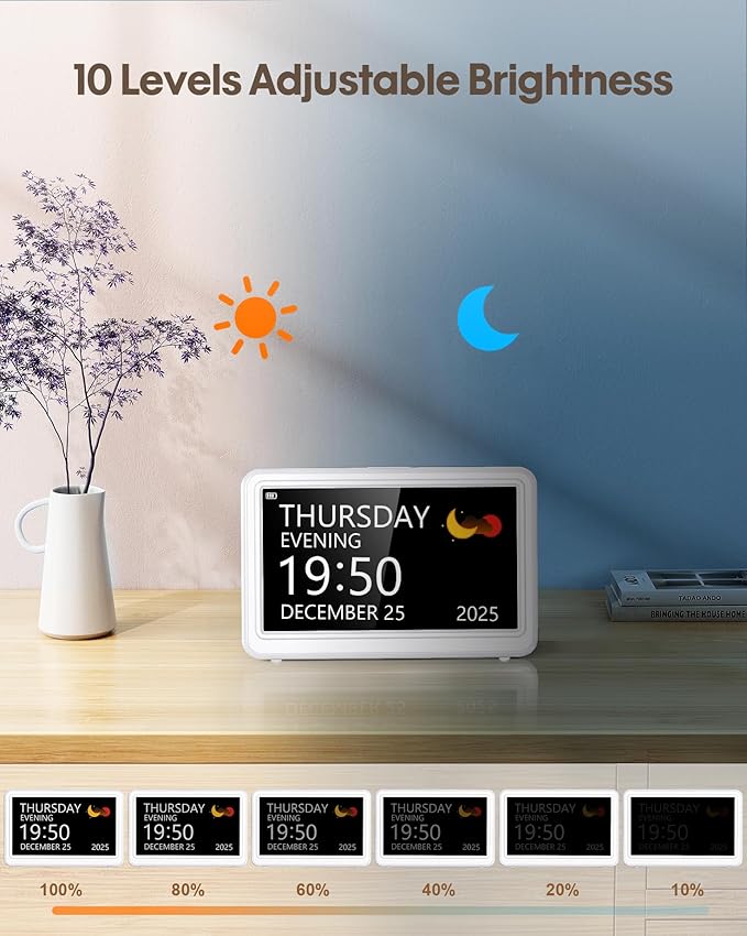 Digital Clock with Date and Day of Week, Dementia Clocks Battery Operated Alarm Clock with 20 Alarms and Medicine Reminders, 7" Large Display Desk Clock for Elderly, White (With Rechargeable Battery)