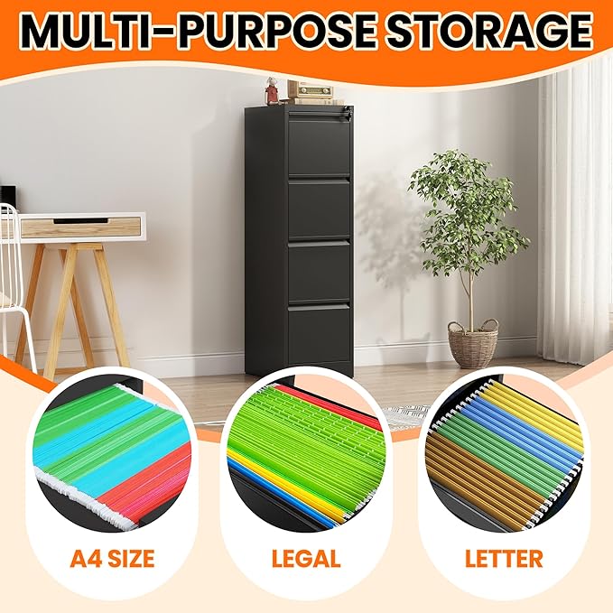 4 Drawer File Cabinet with Lock, Metal Filing Cabinet for Home Office, Vertical File Cabinet for Letter/Legal/A4/F4 Documents, Easy to Assemble Steel Storage Cabinet