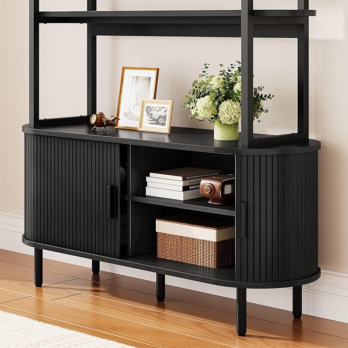 5 Tier Bookshelf with Fluted Cabinet, Tall Bookcase with Sliding Door, Metal and Wood Display Shelf, Free Standing Storage Shelving Unit, Corner Storage Organizer for Living Room, Home Office, Black