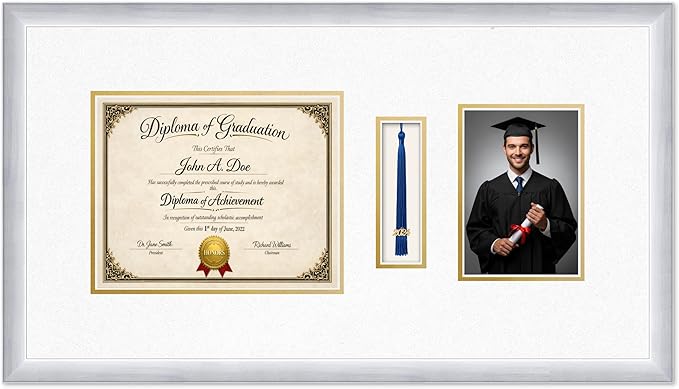 Diploma Tassel and Photo Frame Stainless Silver Shadowbox Oyster Shell Over Gold Mat - Fits 10 x 8 Degree Picture Made in the USA