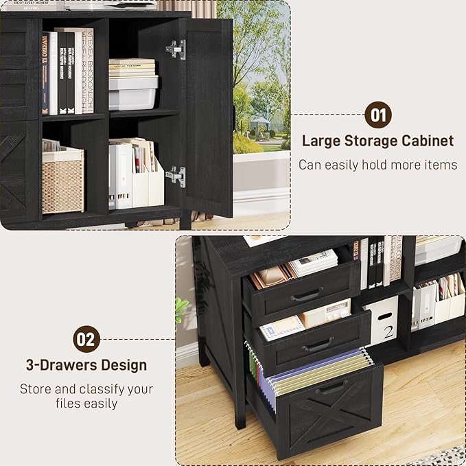 Farmhouse Lateral Filing Cabinet, Lateral File Cabinet with 3 Drawers and Cabinet, Large Printer Stand with File Drawer for Letter/A4 Size Hanging Files for Home Office, Rustic Black