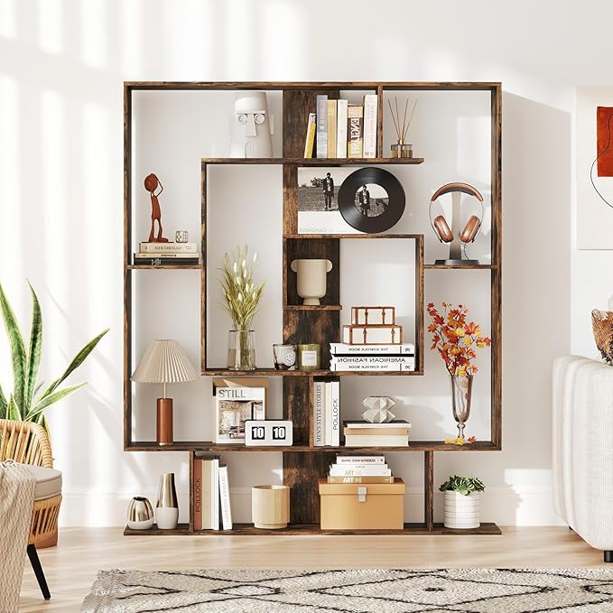 Giantex 7-Tier Geometric Bookshelf, Modern Bookcase with Open Shelves, Freestanding Display Shelf with Anti-Tip Kit, Storage Rack for Living Room Bedroom Study, 49.5''L x 8.5''W x 59''H (Rustic Brown)