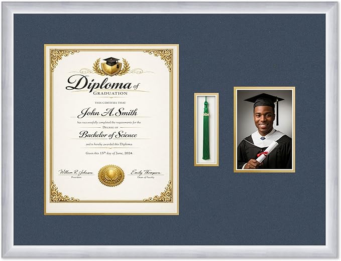 CountryArtHouse Diploma Tassel and Photo Shadowbox Fits 11 x 14 College Diploma (Portrait) with Ta Stainless Silver Genuine Hardwood with Navy Blue Over Metallic Gold Double mat