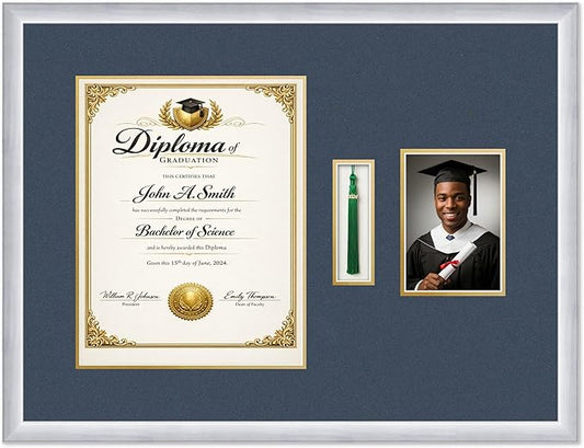 CountryArtHouse Diploma Tassel and Photo Shadowbox Fits 11 x 14 College Diploma (Portrait) with Ta Stainless Silver Genuine Hardwood with Navy Blue Over Metallic Gold Double mat