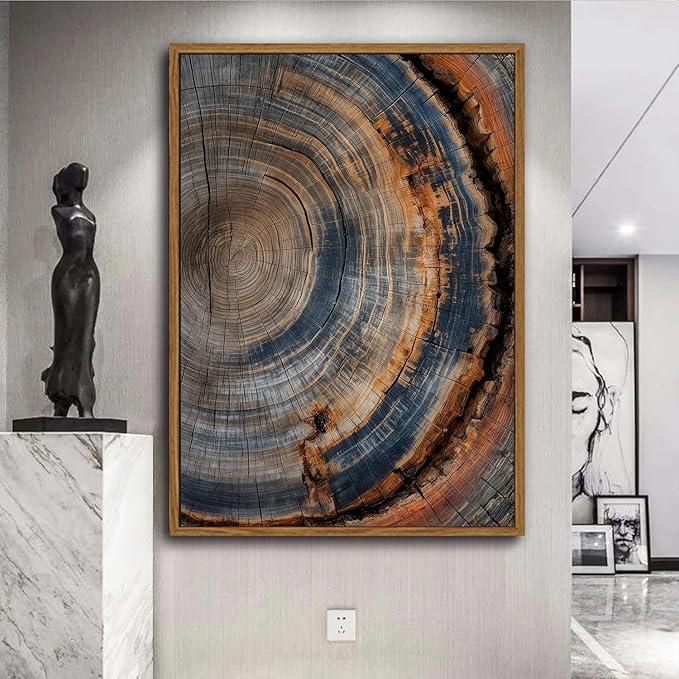 IBHJSART Framed Tree Ring Canvas Wall Art Vintage Colorful Wood Stump Painting Prints Modern Minimalist Pictures Neutral Nature Rustic Farmhouse Decor Living Room Bedroom Bathroom Office