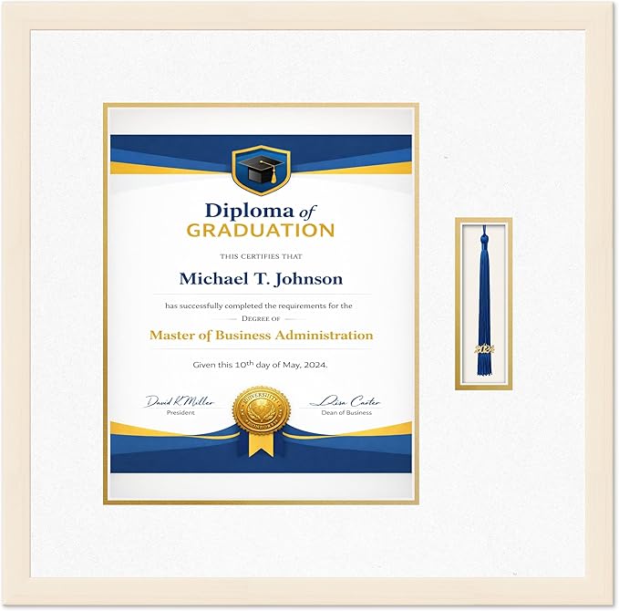 Diploma Frame with Tassel Holder Coastal Whitewash Shadowbox Oyster Shell Over Gold Mat - Fits 11 x 14 Degree Made in the USA