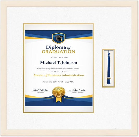 Diploma Frame with Tassel Holder Coastal Whitewash Shadowbox Oyster Shell Over Gold Mat - Fits 11 x 14 Degree Made in the USA