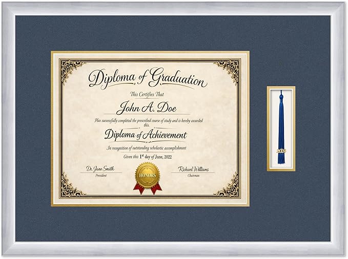 Diploma Frame with Tassel Holder 24.25 x 18 Stainless Silver Shadowbox Navy Blue Over Gold Mat - Fits 14 x 11 Degree Made in the USA
