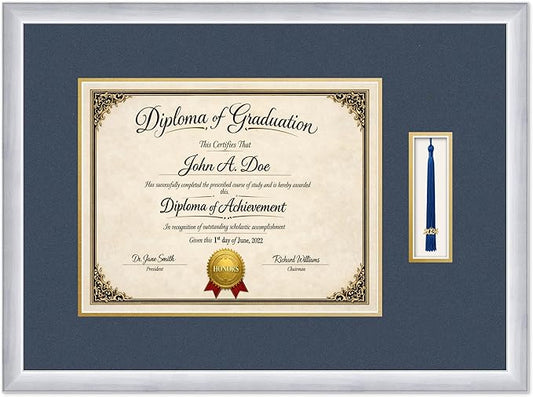 Diploma Frame with Tassel Holder 24.25 x 18 Stainless Silver Shadowbox Navy Blue Over Gold Mat - Fits 14 x 11 Degree Made in the USA