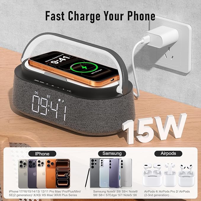 FREEFISH 6 in 1 Bluetooth Speaker with Fast Wireless Charger,FM Radio,Touch LED Night Light,Phone Holder,Snooze,Portable Wireless Speaker for Bedrooms Office Home,Gifts (Black)
