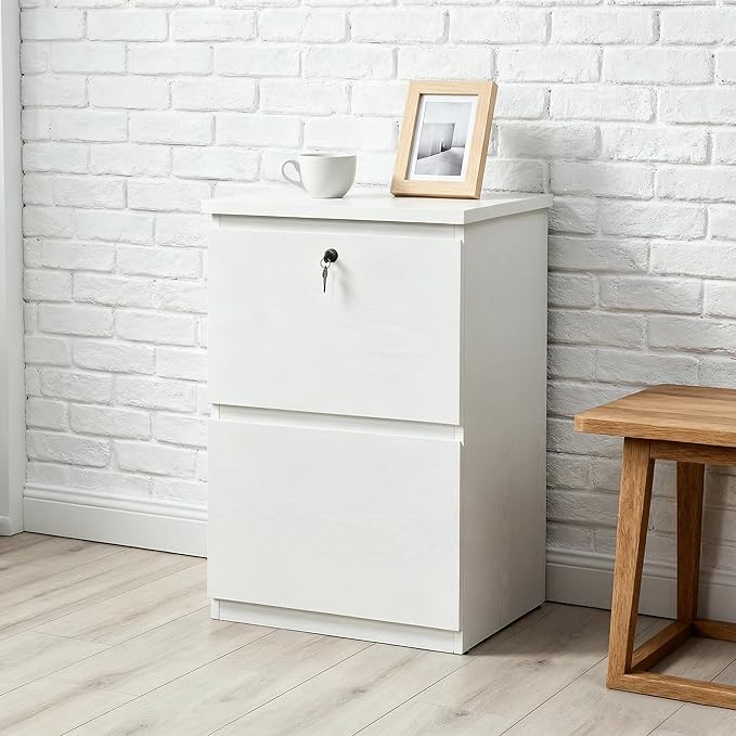 kowo 2 Drawer Wood File Cabinet with Lock, Printer Stand, Vertical Filing Cabinet fits A4, Letter, and Legal Size Documents for Home Office, White