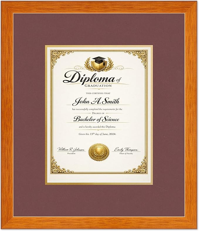 CountryArtHouse Diploma Frame Fits 8.5 x 11 Certificate (Portrait) - Keepsake Graduation Display Honey Oak Genuine Hardwood with Dark Red Over Metallic Gold Double mat