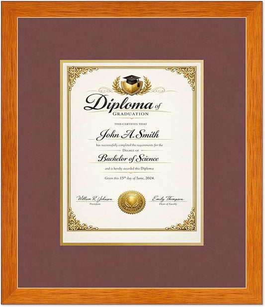CountryArtHouse Diploma Frame Fits 8.5 x 11 Certificate (Portrait) - Keepsake Graduation Display Honey Oak Genuine Hardwood with Dark Red Over Metallic Gold Double mat
