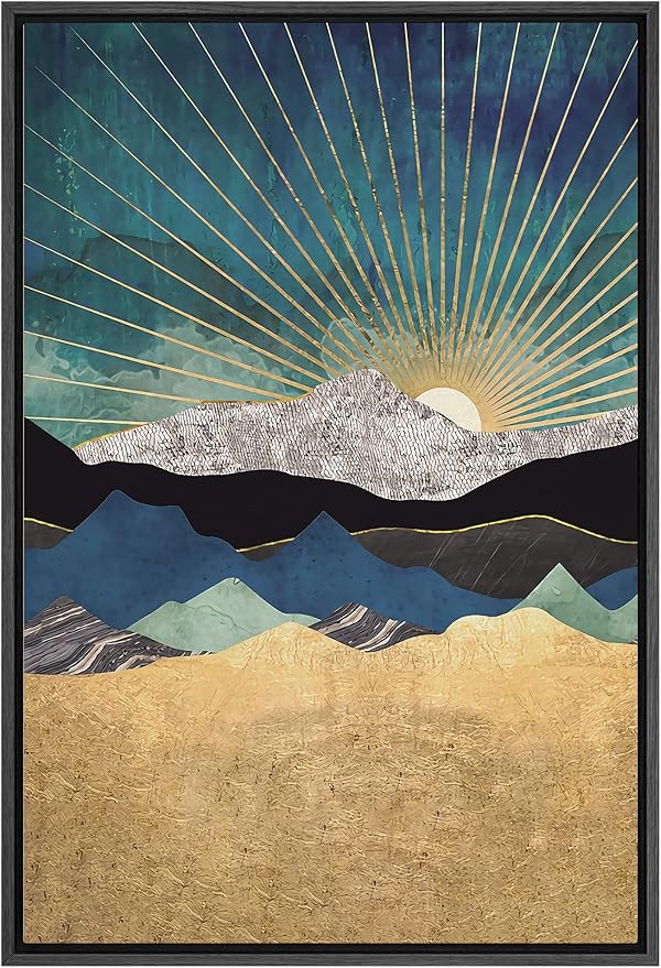 SIGNFORD Framed Canvas Print Wall Art Sun Peeks Over Granite Mountain Range Abstract Wilderness Illustrations Modern Art Contemporary Scenic for Living Room, Bedroom, Office - 16"x24" Black
