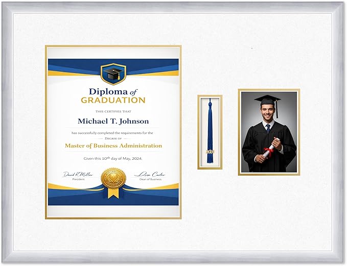Diploma Tassel and Photo Frame Stainless Silver Shadowbox Oyster Shell Over Gold Mat - Fits 11 x 14 Degree Picture Made in the USA