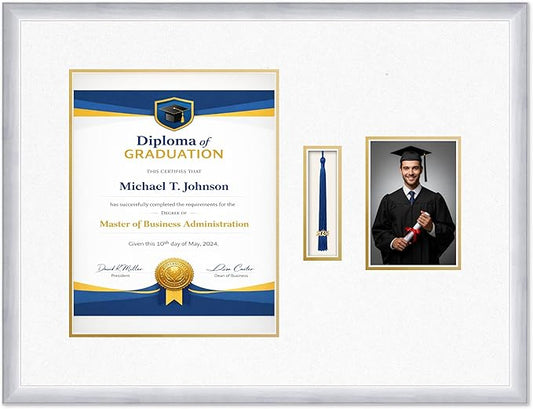 Diploma Tassel and Photo Frame Stainless Silver Shadowbox Oyster Shell Over Gold Mat - Fits 11 x 14 Degree Picture Made in the USA