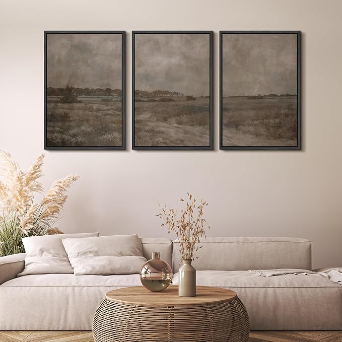 MUDECOR Framed Wall Art Print Set Vintage Neutral Countryside Landscape Rustic Field Path and Distant Trees Illustrations Modern Art Boho Decorative for Living Room, Bedroom, Office - 24"x36"x3 BLACK