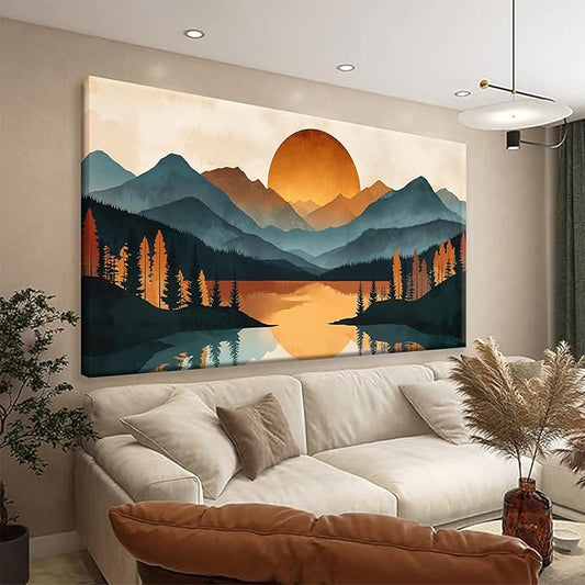 Colorful Mountain Boho Wall Art For Living Room Large Size Canvas Art Wall Decor For Office Modern Bedroom Decorations Forest River Landscape Pictures Paintings Artwork Mural Aesthetic Artwork 29 X 58 In