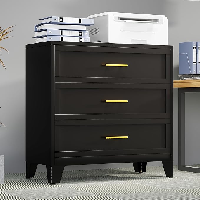 3 Drawer Metal File Cabinet, Bedroom Dresser Drawers, Multi-Functional Accent Drawers Cabinet, Lateral File Cabinets for Collection and Storage Small Size Files (Black)