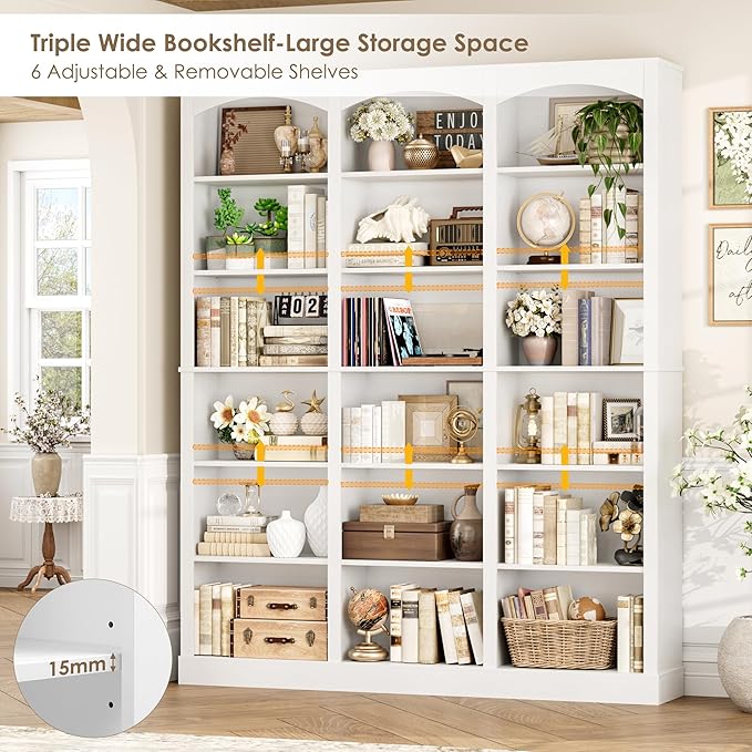 FACBOTALL 71" Triple Wide Bookshelf, 6 Tier Bookcase, Large White Bookshelf with Curved Baffle, 63.4" Wide White Bookcase with 18 Open Display Shelves for Living Room, Study, White