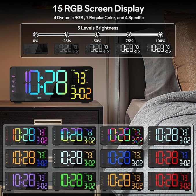 Digital Alarm Clocks for Bedrooms, RGB Desk Clock with 15 Color Display, Date Temperature and Weekday, DST, Snooze, 2 Alarms, Ambient Lighting for Living Room, Bedside Office Gaming Desk Decor