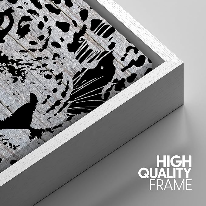 IDEA4WALL Framed Canvas Print Wall Art Grayscale Spotted Leopard on Grey Wood Panels Animals WildLife Illustrations Modern Art Tropical Portrait for Living Room, Bedroom, Office - 16"x24" WHITE