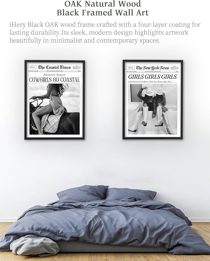 iHery Premium Natural Black OAK Wood 16x20in Cowgirls Go Coastal Trendy Framed Wall Art, Vintage Western Horseback Riding Times Canvas Wall Decor For Dorm Bedroom Living Room 1Pack