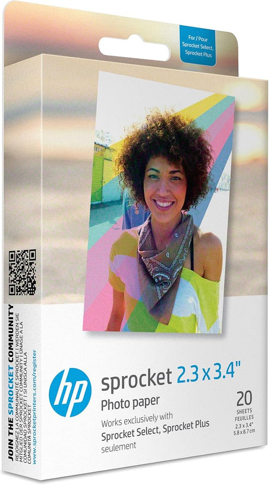 HP Sprocket 2.3 x 3.4" Premium Zink Sticky Back Photo Paper (20 Sheets) Compatible with HP Sprocket Select and Plus Printers.