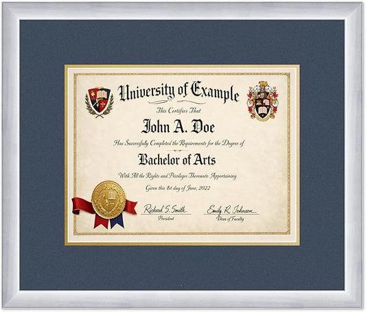CountryArtHouse Diploma Frame Fits 13 x 10 College Diploma (Traditional) - Keepsake Graduation Displ Stainless Silver Genuine Hardwood with Navy Blue Over Metallic Gold Double mat