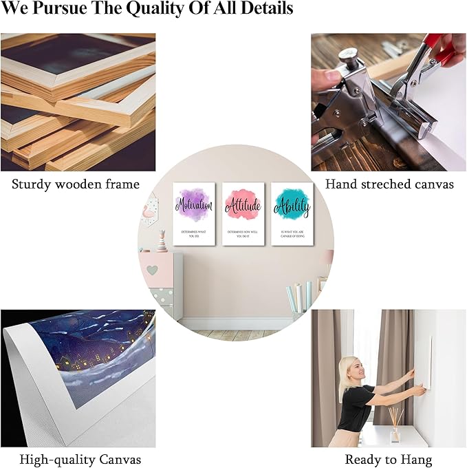 3 Piece Motivational Quotes Watercolor Canvas Print Pictures Wall Decor, Framed Artwork for Home Office, 16"x24" x 3 Pcs