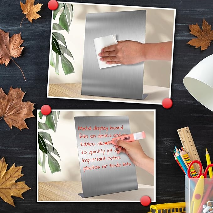 Fainne Silver 2 Pcs Magnetic Bulletin Board with Easel Stand 11 x 8.5 x 2.4 Inches Mini Magnet Metal Tabletop Memo Display Board for Back to School Menu Table Office Supplies