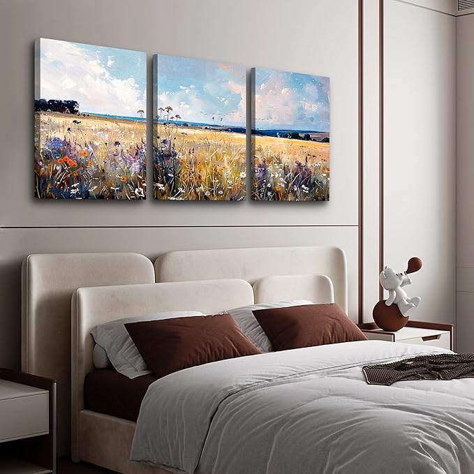 TTHYUEWS Large Wall Art for Living Room Canvas Decor for Bedroom Office - Modern Home Field Scenery Paintings Abstract Pictures Framed Prints Posters Artworks 3 Piece